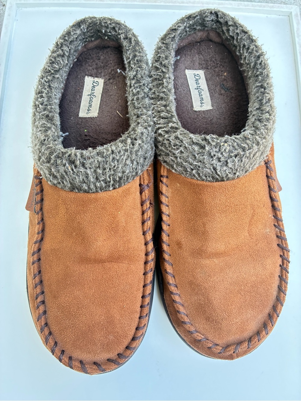 dearfoams Chestnut Suede Moccasin Slippers with Gray Knit Collar